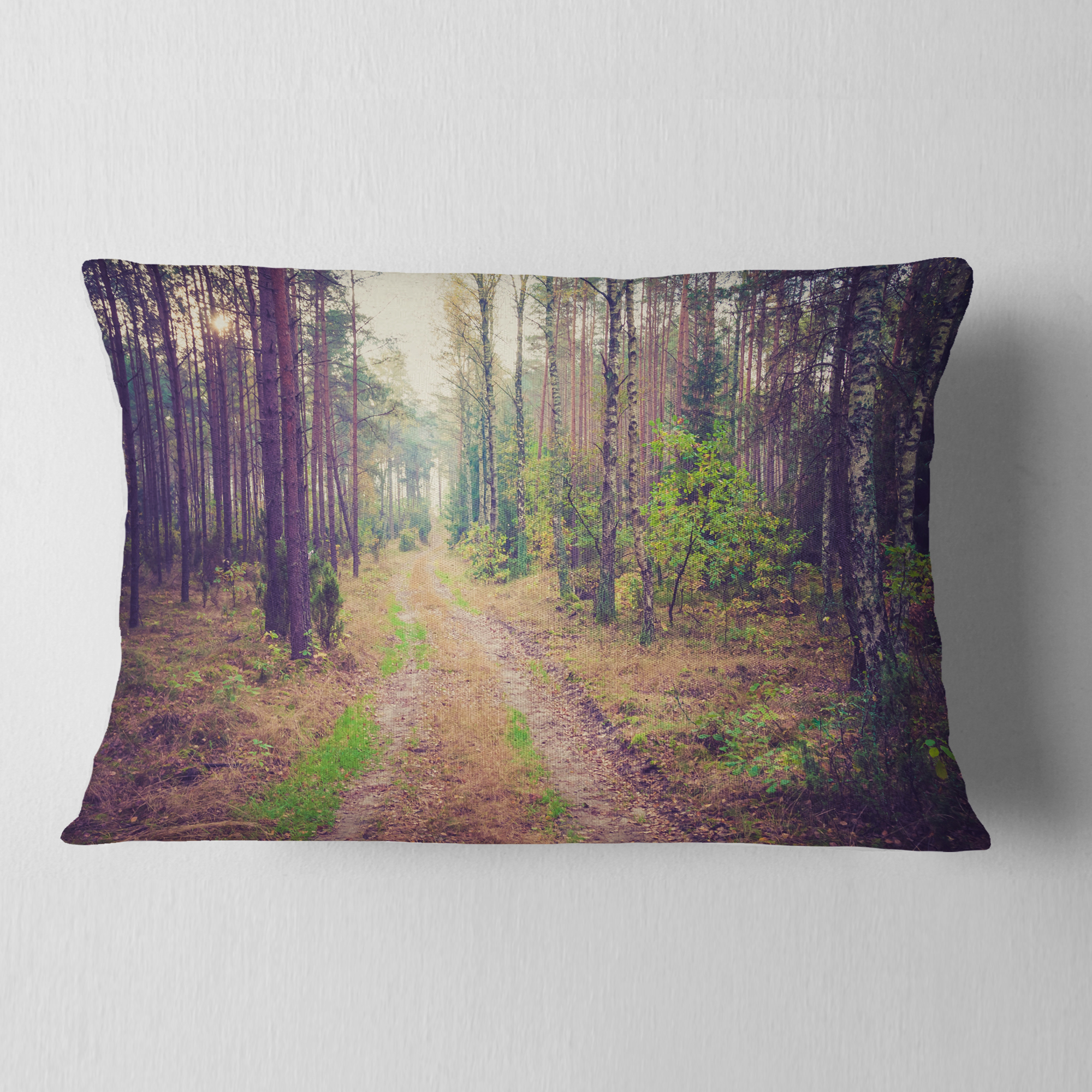 Designart Straight Pathway in Thick Forest - Modern Forest Throw Pillow - 12x20