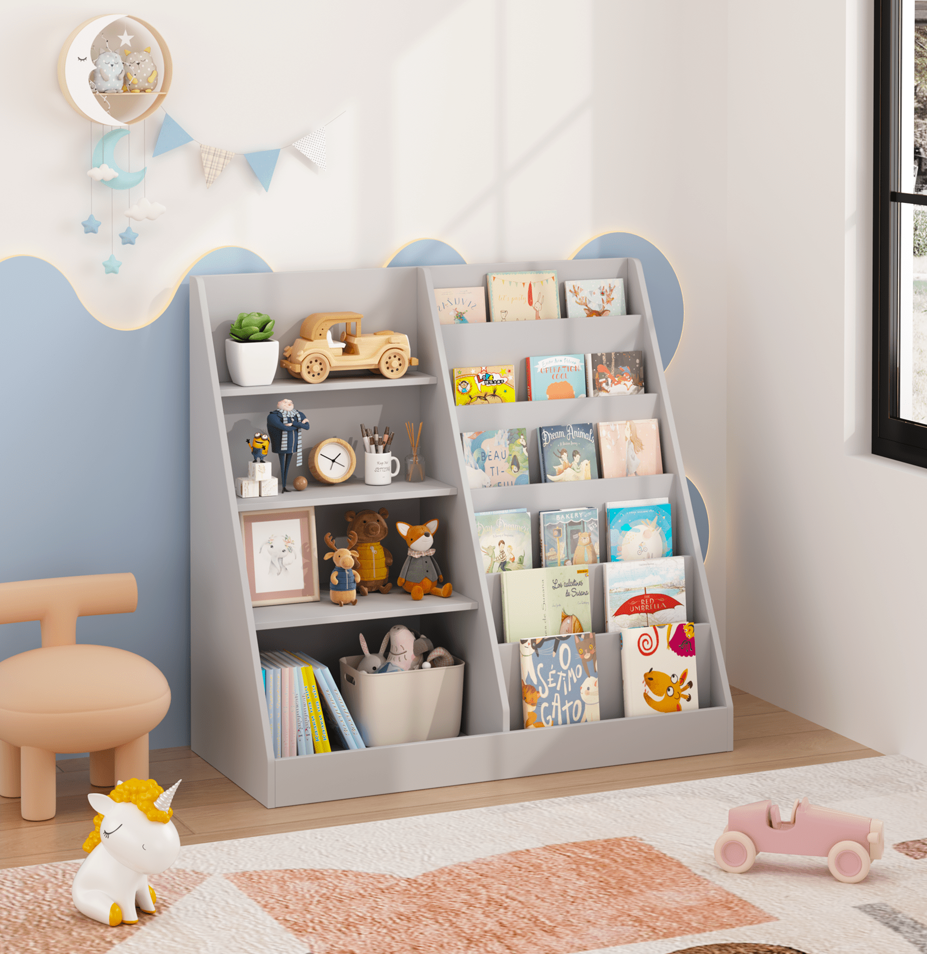 Kids Furniture Kids Bookshelf and Toy Storage Organizer, Multifunctional 4 Tier Wooden Kids Book Shelf with Bookcase Display Stand in Kids Room Playroom Nursery for Kids, Children, Toddlers (Gray),Ba