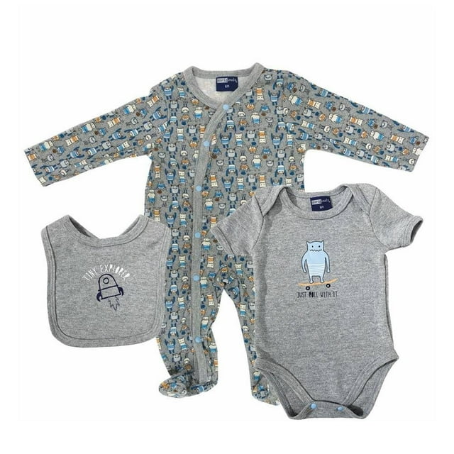 Conjunto 725 Baby Niño Talla 6 Meses Pañalero Mameluco y Babero Marcianos Gris 3 Piezas