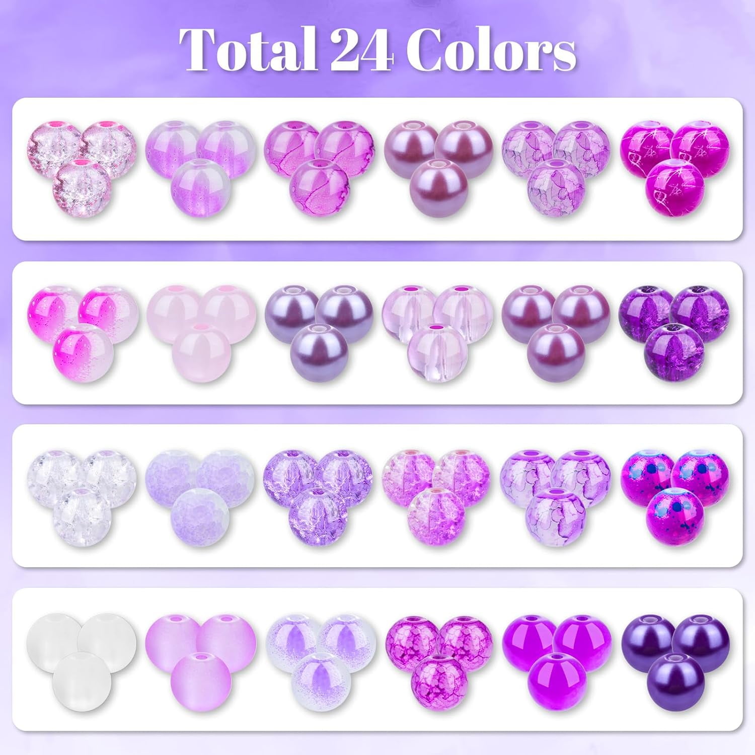720pcs Glass Beads for Jewelry Making 8mm, 24 Colors Bead Bracelet Making Kit Purple Round Loose Beads for Bracelet Earring Necklace Jewelry Making Supplies