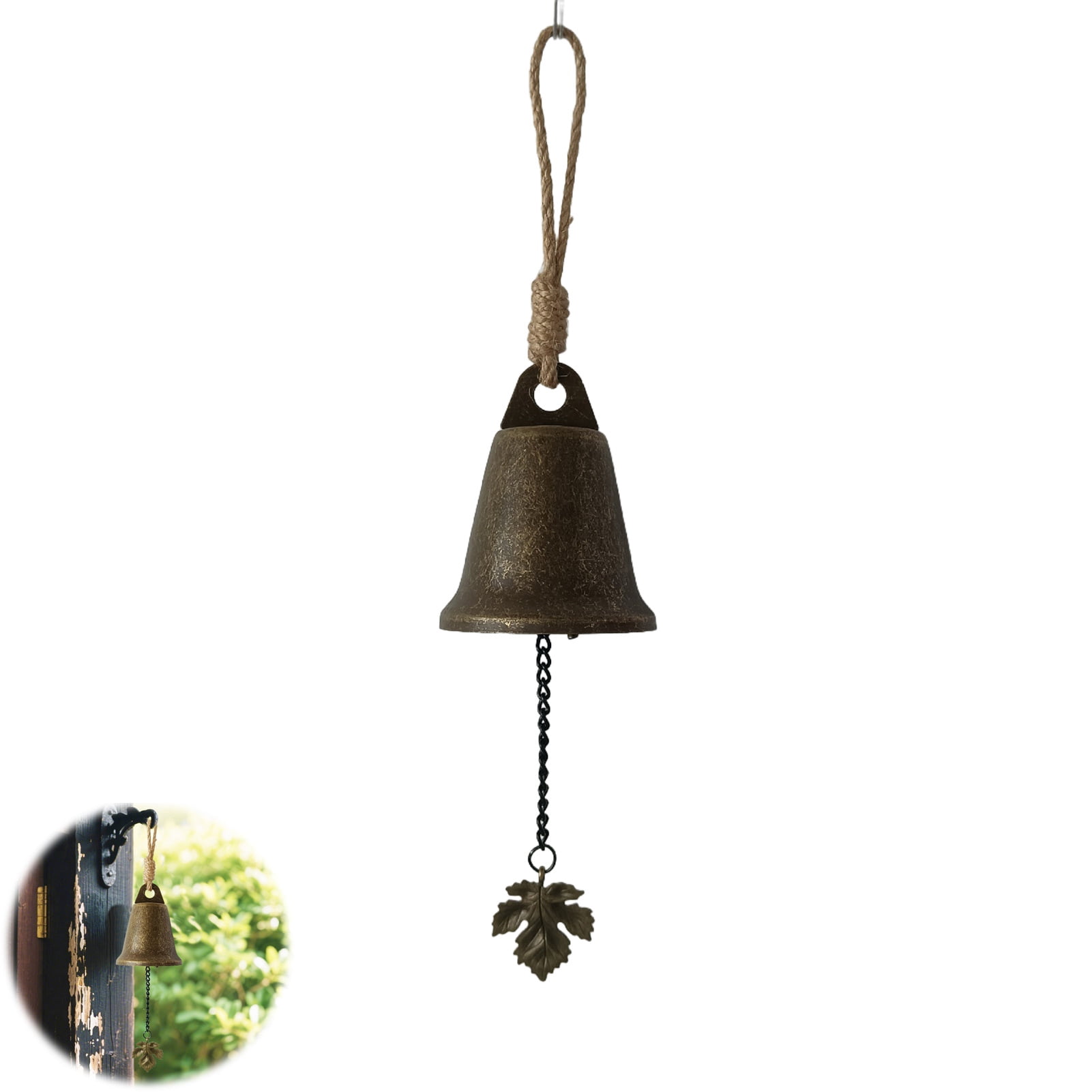 OIUR Vintage Hanging Bell Rustic Metal Wind Chime Retro Hanging Wind Bell with Owl or Leaf Pendant for Home Entrance Farmhouse Garden Decoration