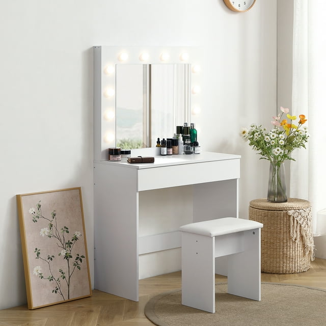 Kadyn Vanity Table with Large Lighted Mirror, Makeup Vanity Dressing Table with Drawer, White