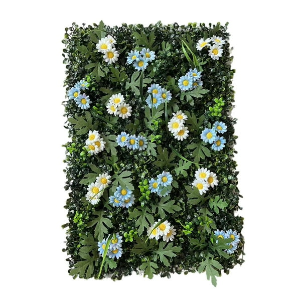 Panel de pared de césped artificial con flores Panel de pared de flores Planta artificial para Azul blanco