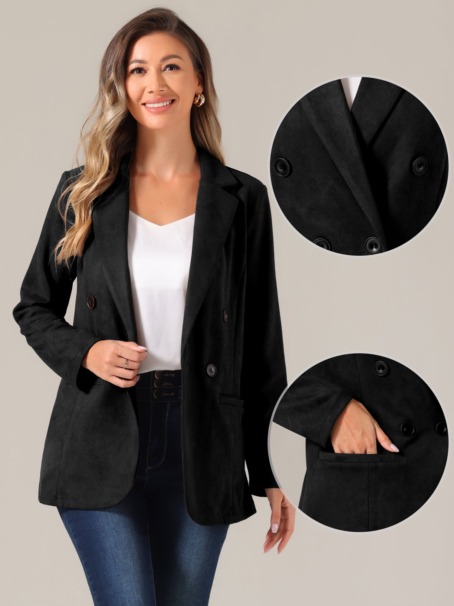 DARING DIVA Women's Faux Suede Blazer Double Breasted Suit Jacket M Black