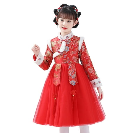 

GWAABD Party Wear Dresses for Girls Red Polyester Toddler Kids Baby Girls Children Fairy Hanfu Dresses for Chinese Calendar New Year Quilted Lined Warm Princess Dresses Embroidery Tang Suit Performan