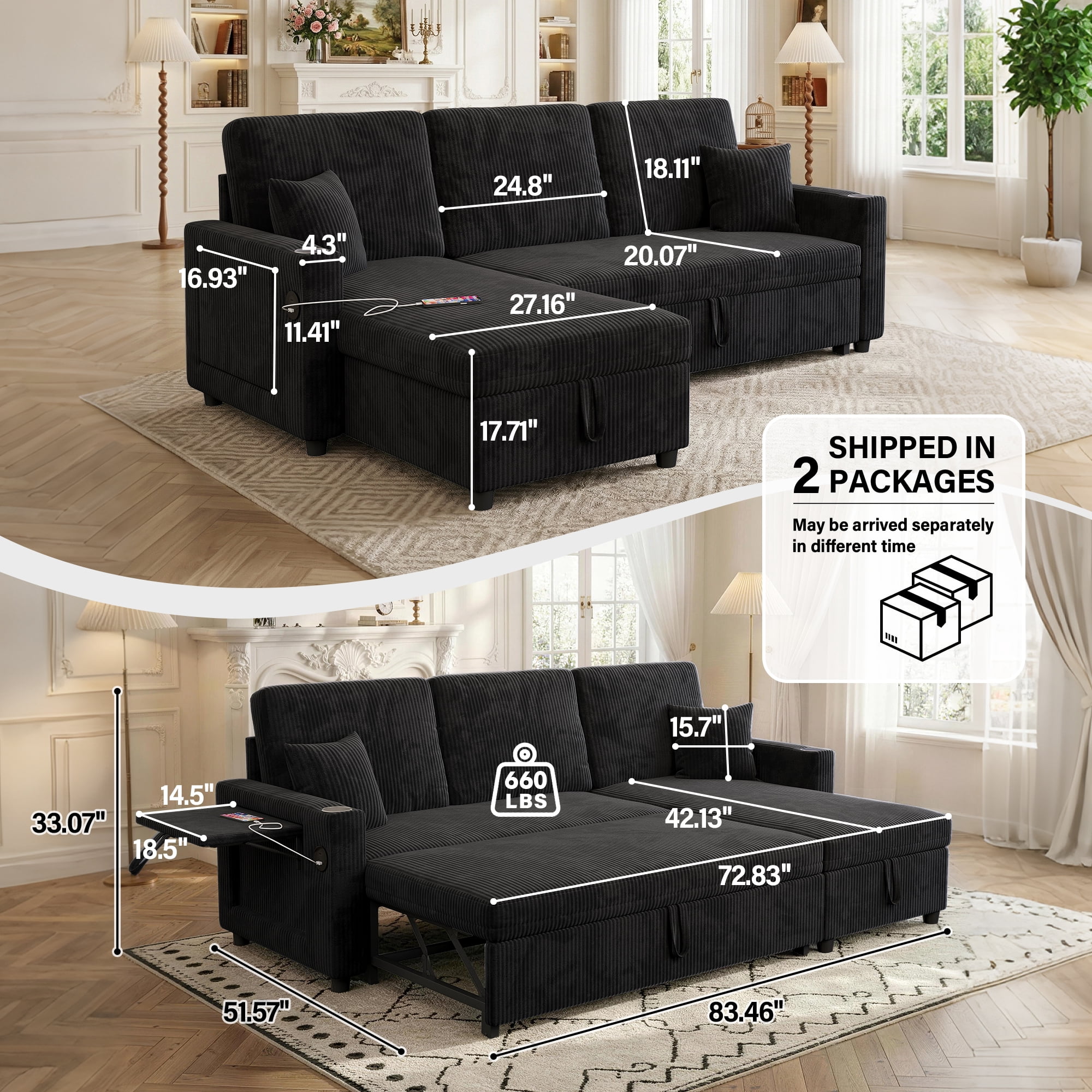 Aukfa 83" L-Shaped Sleeper Sleeper Sofa with Storage Chaise & Rotating Side Table, L-Shaped Corduroy Convertible Couch with USB/Type-C Ports,Black