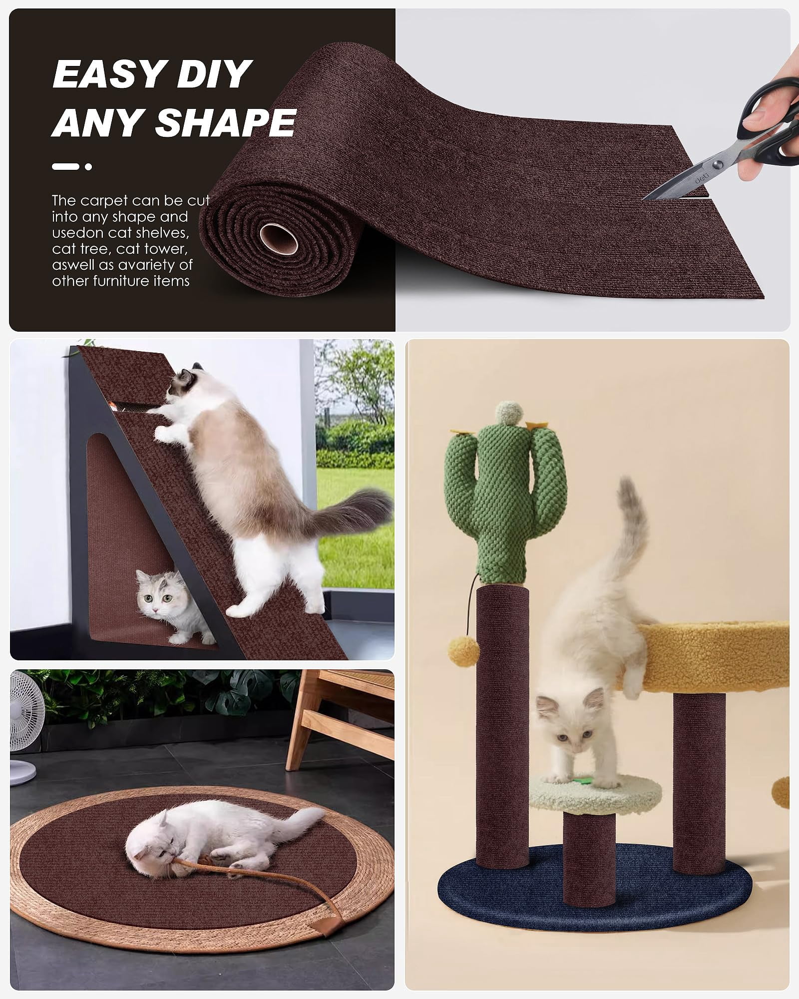 78.7"x15.8" Cat Scratch Mat,Trimmable Self-Adhesive Carpet,DIY Climb Cat Scratcher for Cat Couch Furniture or Wall Protector,Covering Cat Tower,and Replacement Pads (Brown)