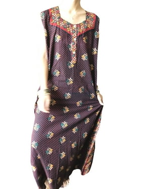 Mogul Women Nightwear cotton Blue Pink Printed Sleepwear Maxi Dress, House Dress Holiday Boho nightgown, Caftan Dress, L
