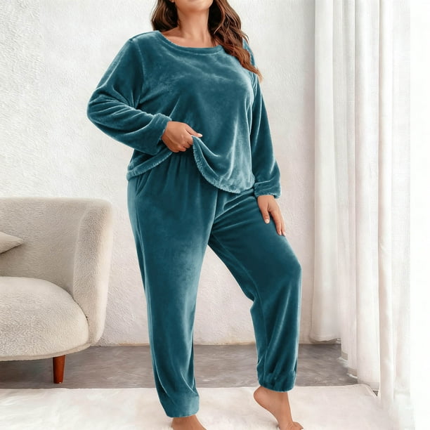 Conjunto de pantalones y blusa de poliéster para mujer, de talla grande, a la moda, de manga larga y color liso, informal, para estar en casa