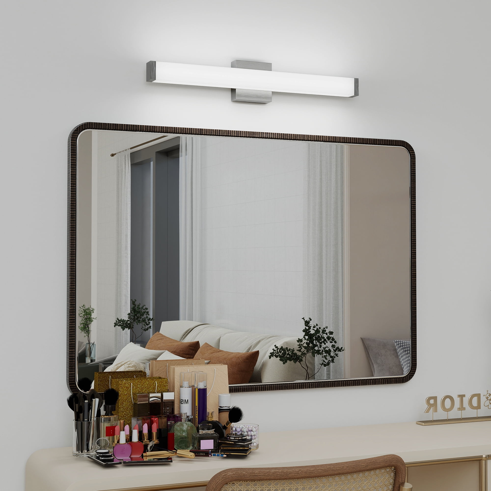 Bathroom Vanity Light Brushed Nickel Square LED 25in 14W 6000K Cool White Wall Bar for Over Mirror, Modern Vanity Lighting Fixtures for Sink Mirror Medicine Cabinet, Easy Install
