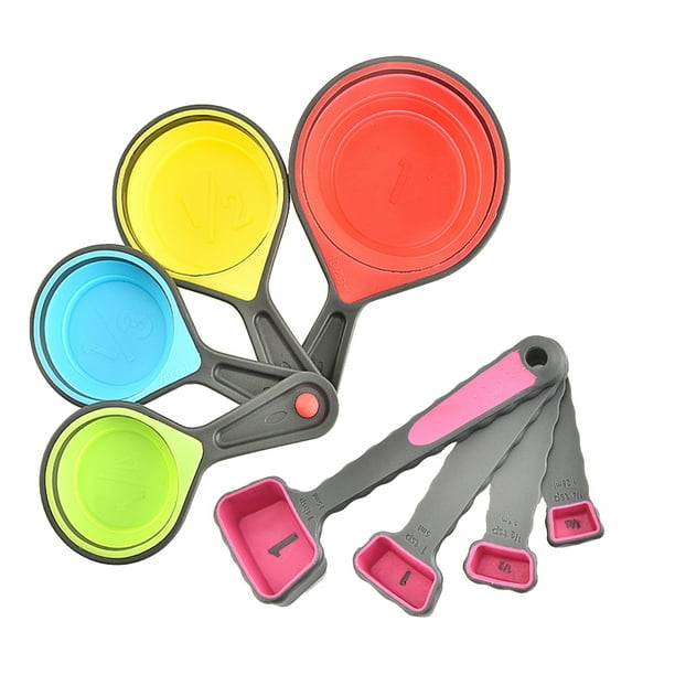 EeaseMX Juego de tazas medidoras telescópicas de silicona 4 en 1 y cucharas medidoras 4 en 1 con escala, juego de cucharas y tazas medidoras, herramienta de cocina (color aleatorio)