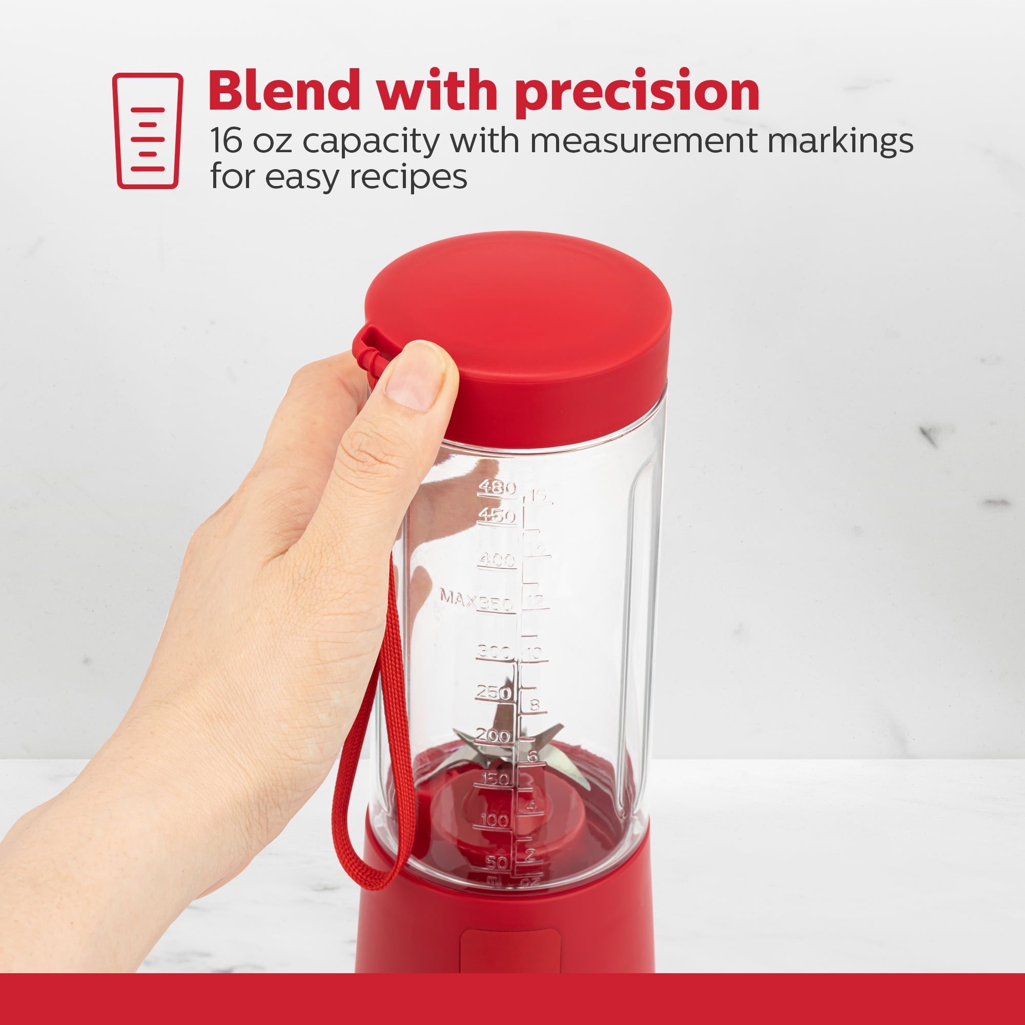 Holstein Housewares Red USB Portable Blender, 16oz, Rechargeable with Type-C Charging, Spill-Proof Lid