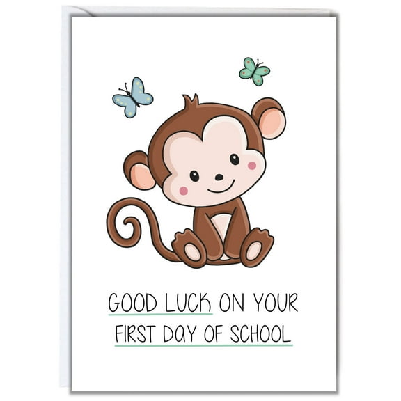 Cute Monkey First Day of School Card – "Good Luck on Your First Day" – Blank Inside with Envelope – Perfect for Kids Starting School