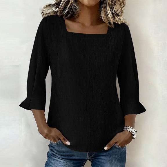 Women's Solid V-Neck Long Sleeve Casual Top with Three-Quarter Sleeve