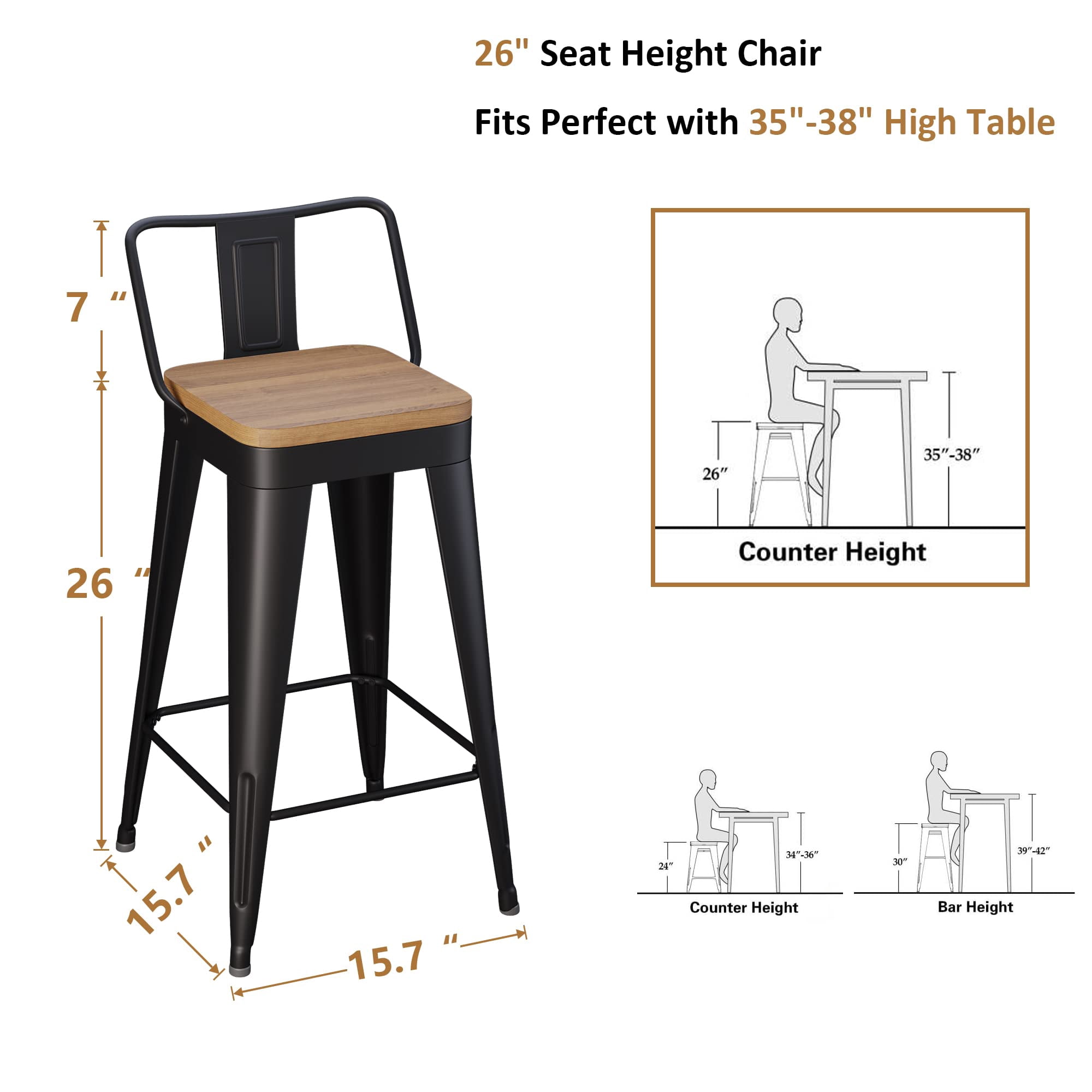 Apeaka 26 inch Bar Stools with back set of 4 Counter Height Stools with Wood Seat Metal Bar Stools