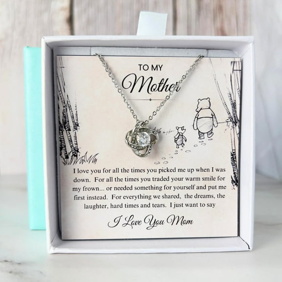To My Mom Necklace, Mother's Day Gift Idea, Mom Gift from Son, Daughter, Mom Birthday Gift, Mothers Day Gift from Daughter Pooh Bear, Love Knot Necklace for Mom with Message Card and Gift Box