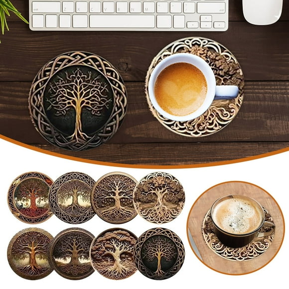 Ensemble de 8 Napperons Isolants en Bois Design Arbre de Vie pour Boissons et Tables à Manger 8 Pcs