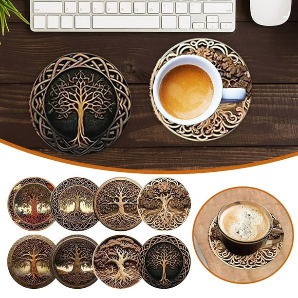 8 manteles individuales térmicos para mesa con diseño de árbol de la vida, madera, para bebidas