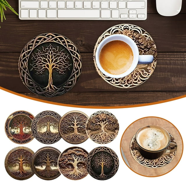 Ensemble de 2 Napperons en Bois Style Plateau avec Design Arbre de Vie pour Table à Manger et 8 Pcs