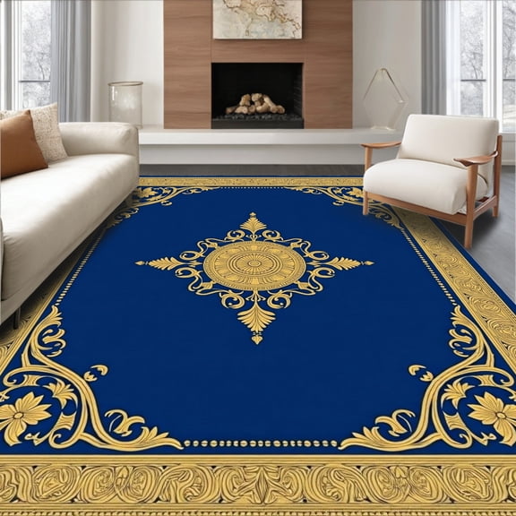 ODIKA 4'x6' Machine Washable Non-Slip Area Rug, Interlocking Vine Medallion with Accents and Subtle Motif Detailing High Traffic Rug, Blue, 669091