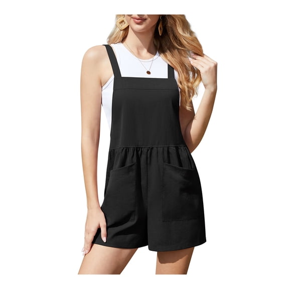 Asklazy Women Jumpsuits Casual Summer Rompers Sleeveless Loose Adjust Spaghetti Strap Shorts Overalls Jumpers with Pockets,Mother‘s Day,Black,L