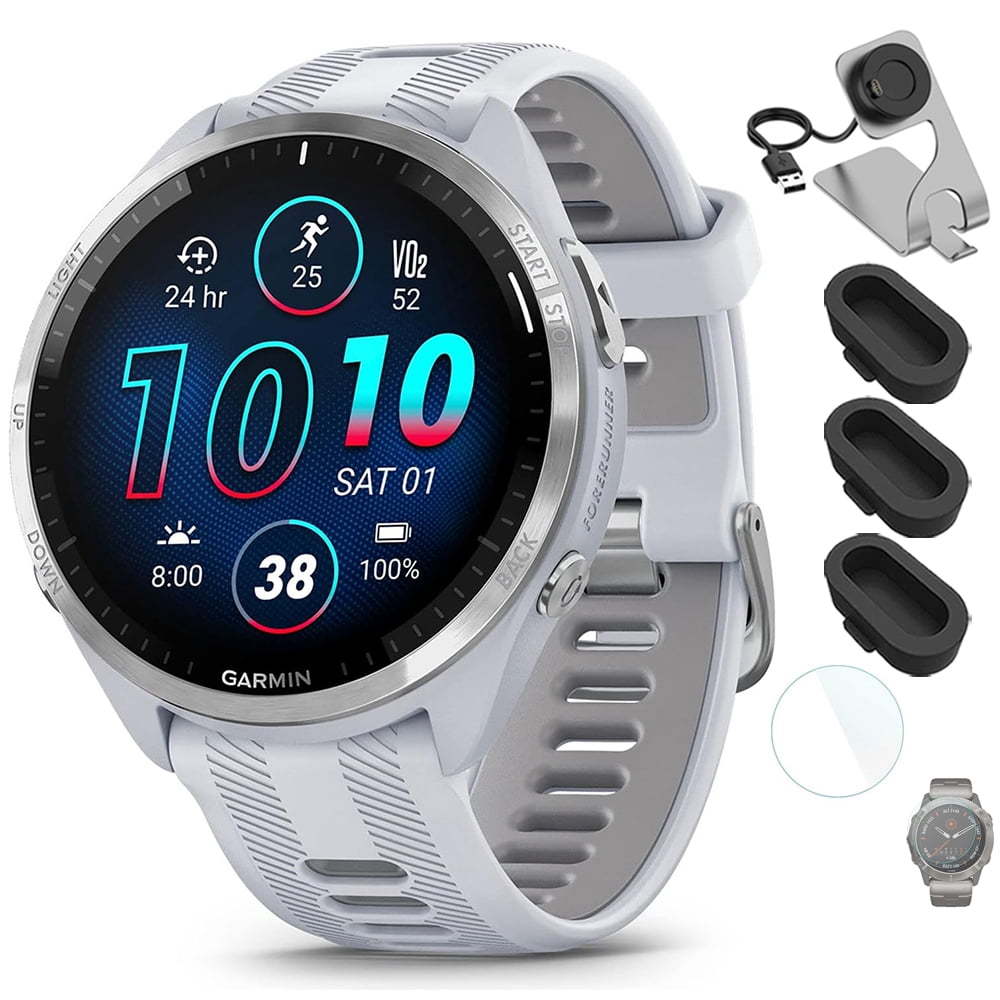 Garmin 010-02809-01 Forerunner 965 Running Smartwatch Whitestone and Powder Gray Bundle with Deco Essentials Charging Dock, Silicone Dust Cover 3 Pack and 1.4 Inch Screen Protector