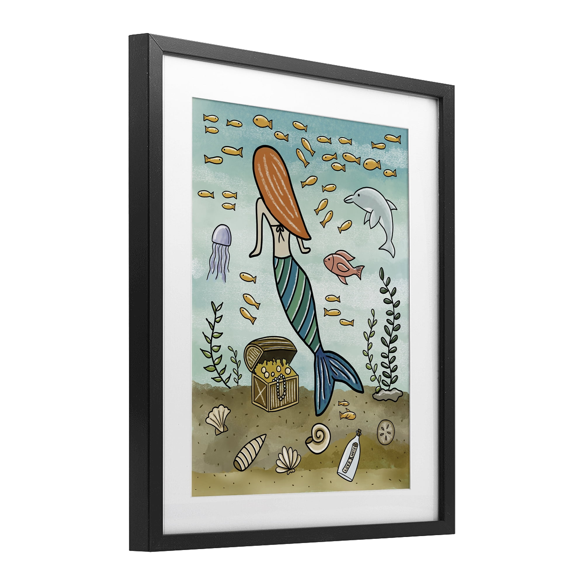 Mermaid Treasure Love Note Black Framed Print Under Glass, design by Jennifer Stith