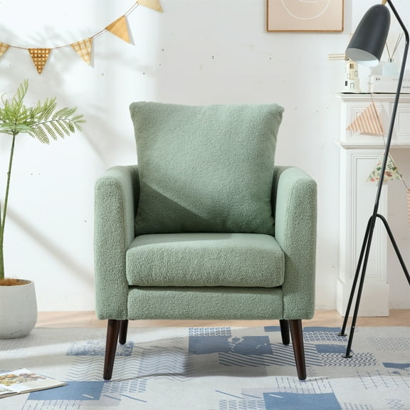Barrel Chair, Teddy Fabric Accent Chair, Fabric Armchair Club Chair, Upholstered Arm Chair With Solid Wood Legs, Waist Pillow, Padded Single Chair For Living Room/Bedroom/Study/Waiting Room