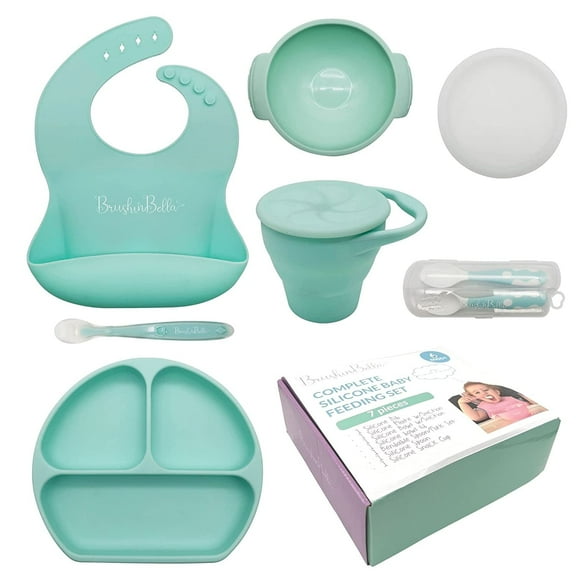 BrushinBella Baby Feeding Set with Baby Plate, Baby Spoons First Stage, Silicone Bib and Snack Cup - Infant Eating Utensils