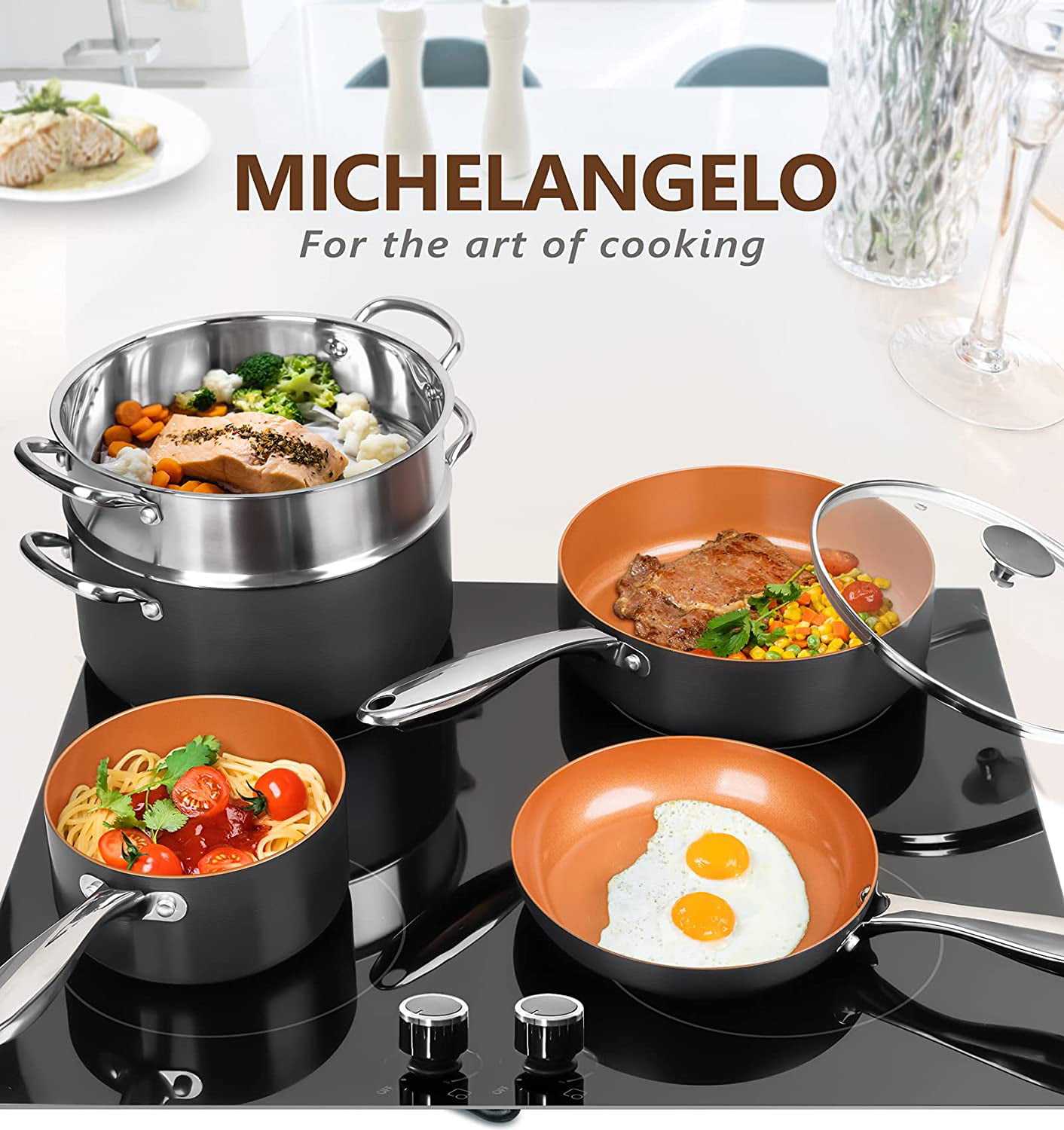 Michelangelo Pots and Pans Set 12 Pieces, Nonstick Copper Cookware Set with Ceramic Interior, Essential Copper Pots and Pans
