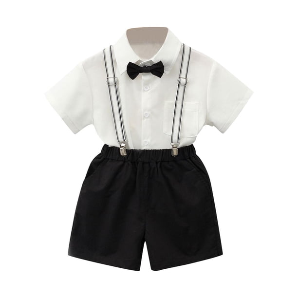 Odeerbi Chicos 4 Piezas Caballero Traje Formal Preppy Vestido de Manga Corta Camisa de Vestido + Traje Pantalones Cortos + Colgantes + Corbata Colegial Conjunto de Uniforme