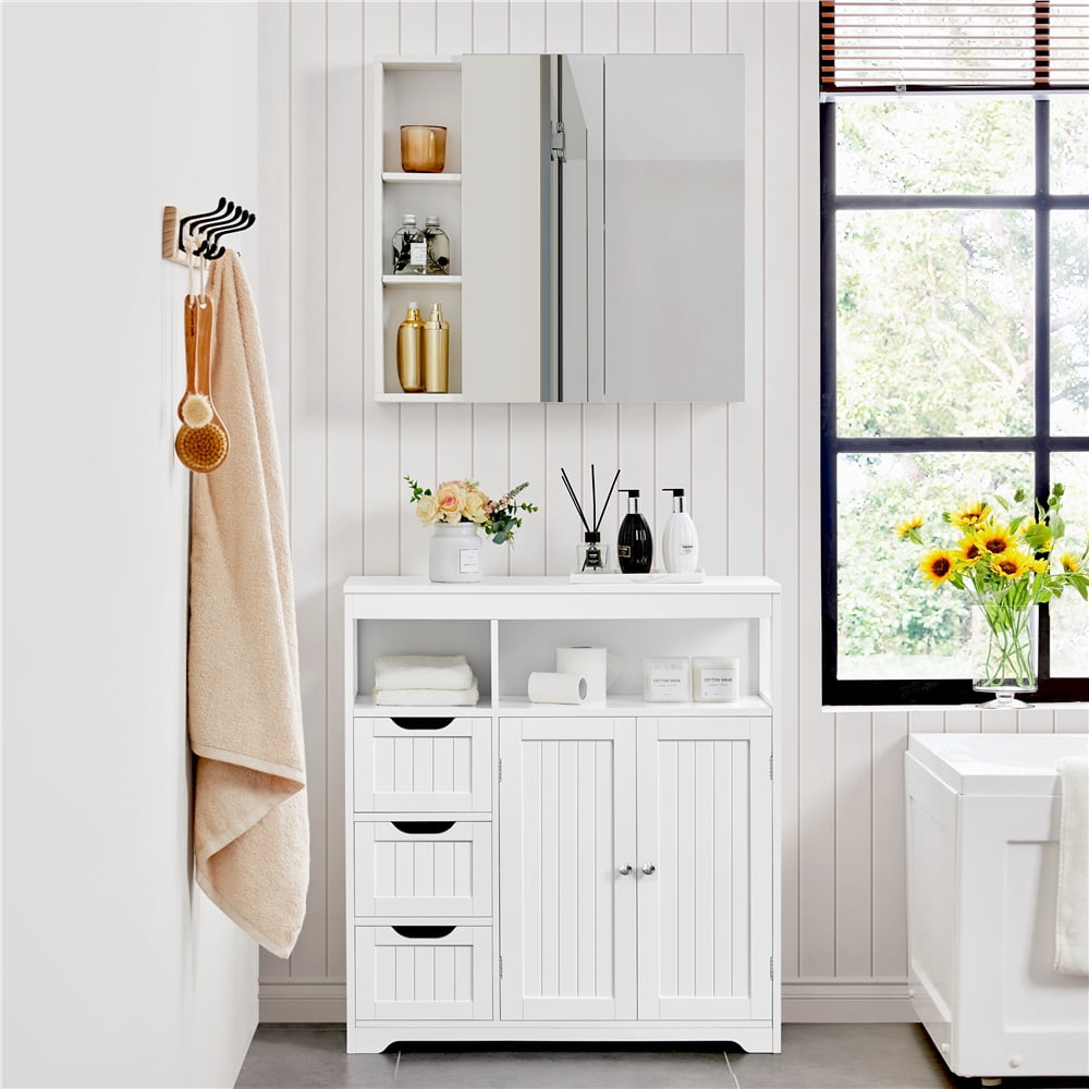 Yaheetech Wooden Bathroom Floor Cabinet with 3 Drawers & 2 Doors, White