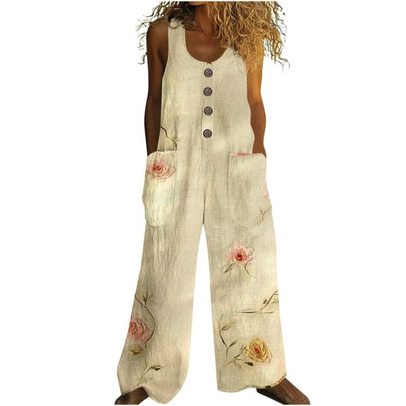 Tnhcen Women's Summer Retro Floral Button Romper Linen-Look Jumpsuit Retro Print Wide-Leg Romper with Pockets Casual Boho Jumpsuit S-2XL