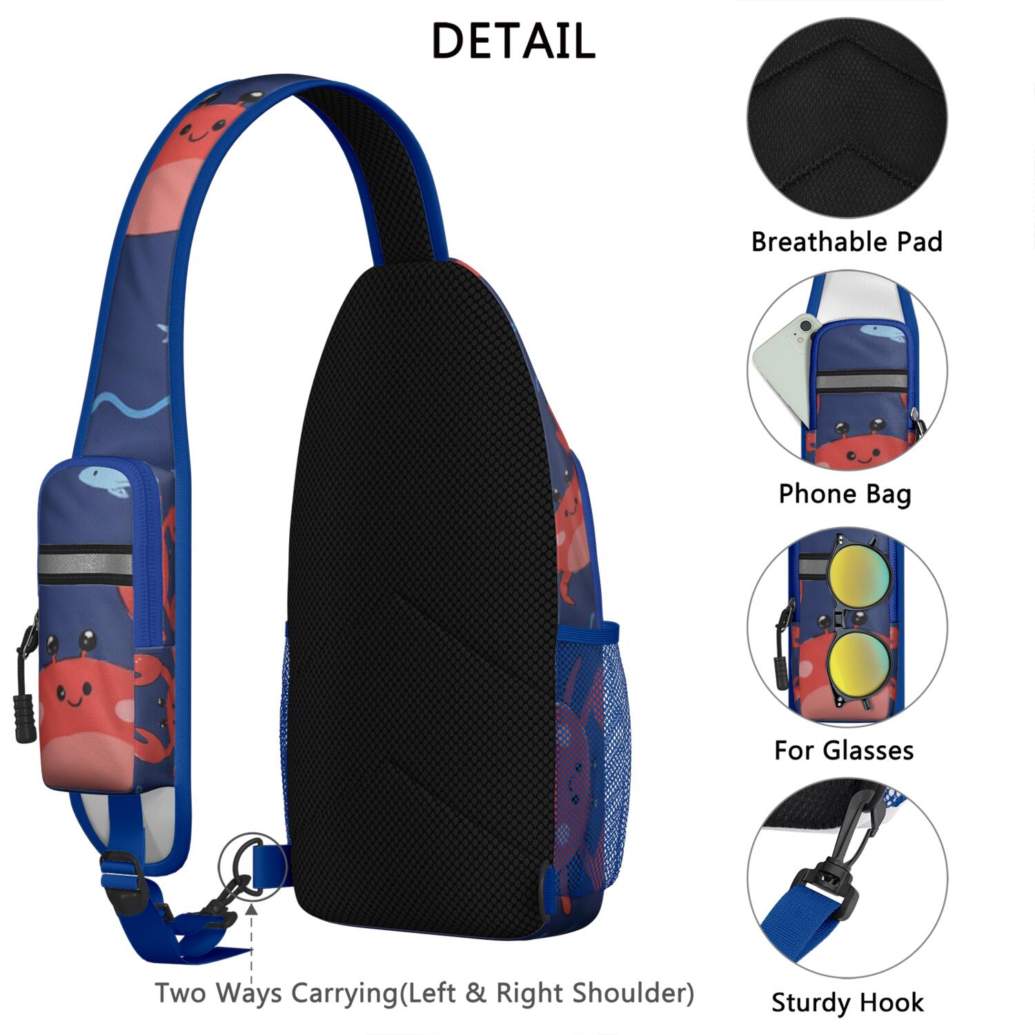 Crab Marine Crossbody Sling Bag for Women Men Hiking Sling Backpack Hiking Bag for Outdoor Activities Gym Small Travel Backpack Trendy Sling Backpack