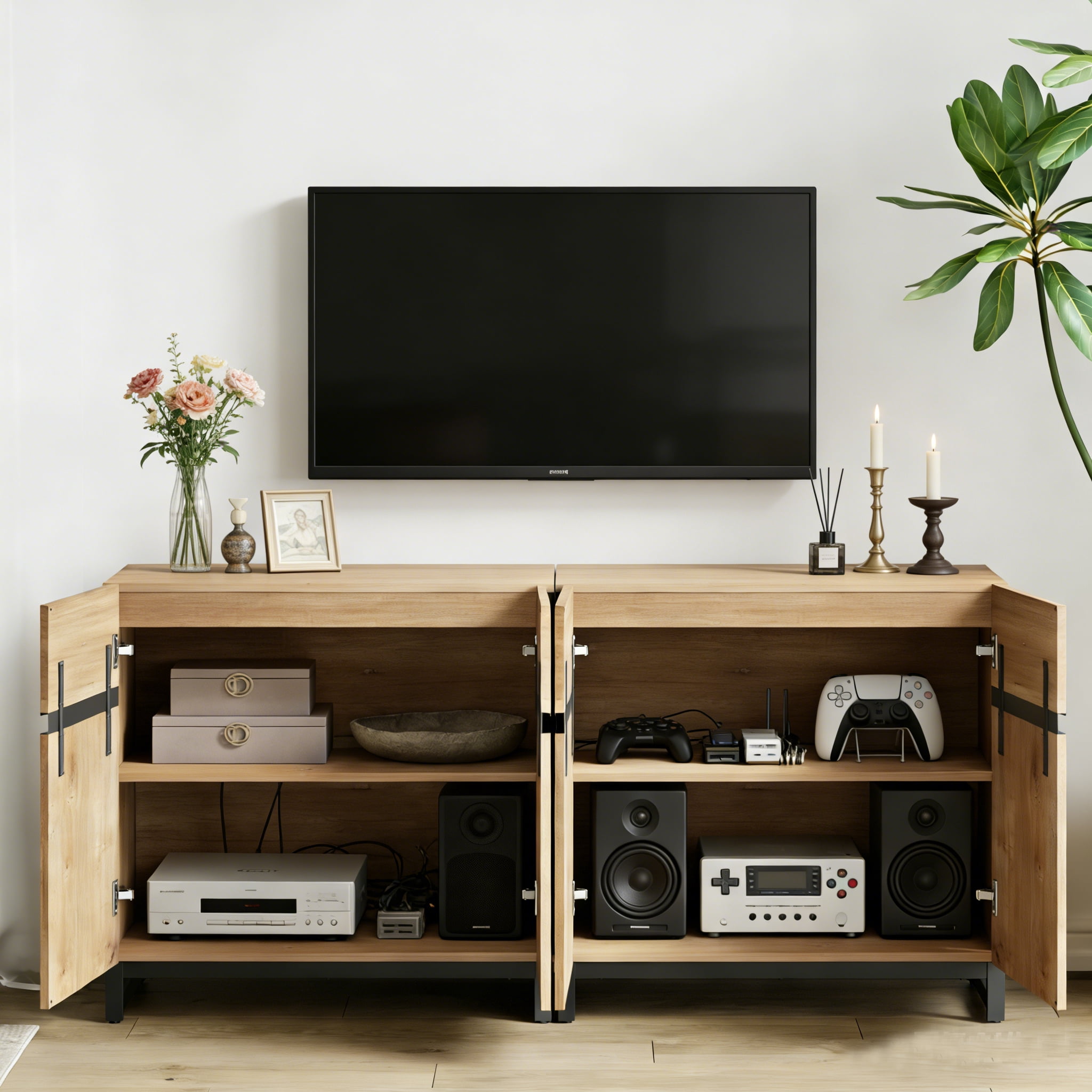 Modern 3-Piece Living Room Set – 63" TV Stand + 2 End Tables with Drawers, Entertainment Center with Storage Cabinet for Living Room,Oak