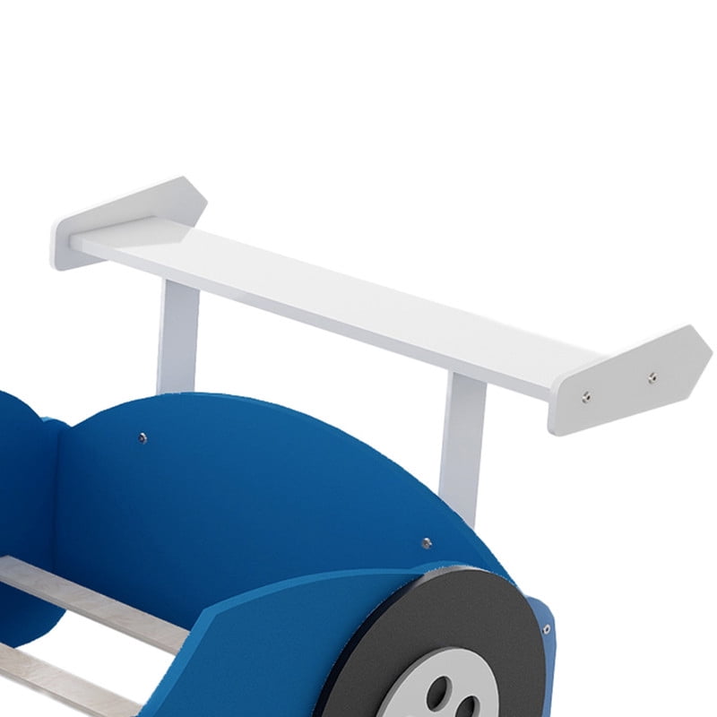 HICOMILA Twin Size Race Car-Shaped Platform Bed with Wheels, Car Bed Frame for Boys Girls, Wooden Twin Floor Bed, Blue