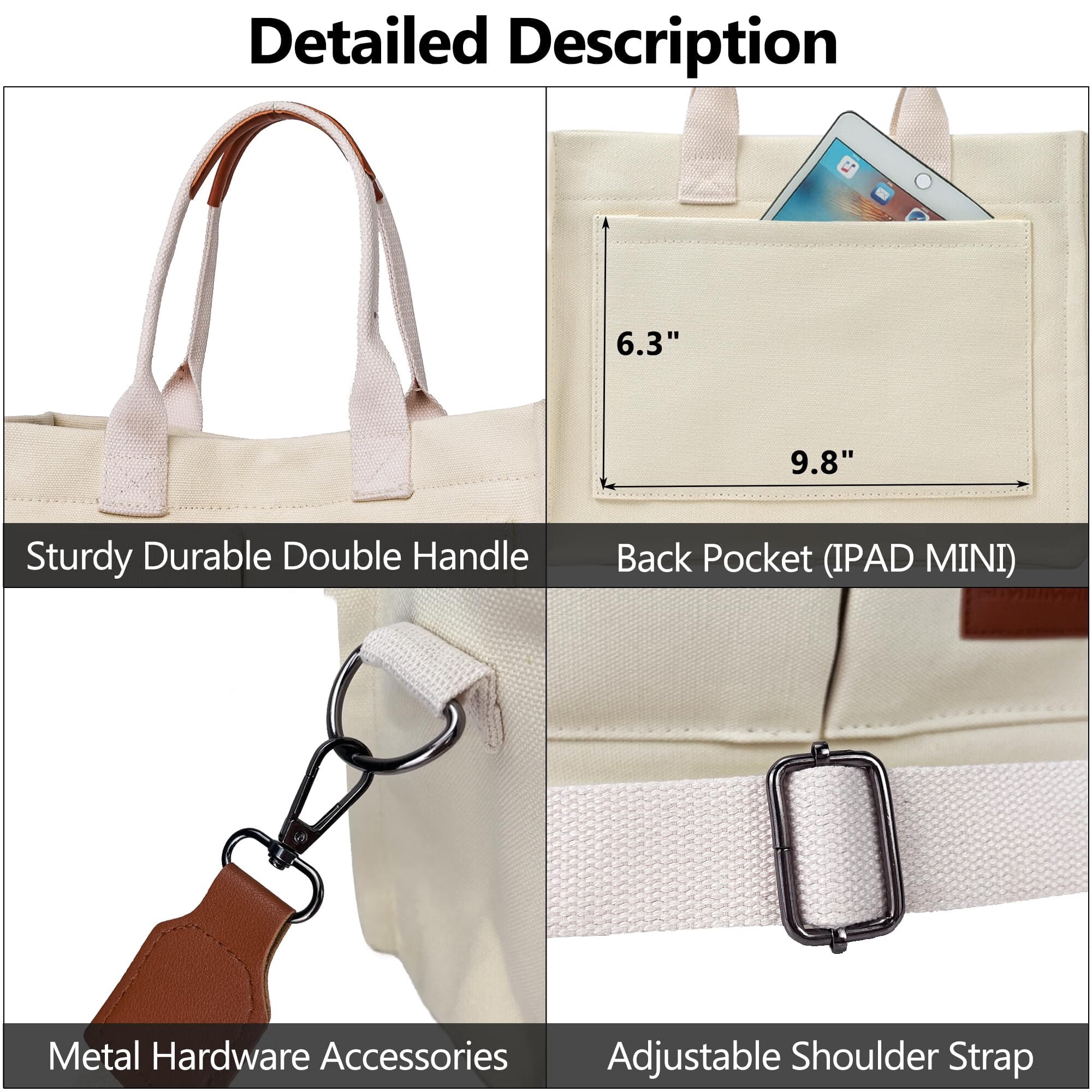 AOUNQ Canvas Tote Bag for Women Trendy Purse and Handbags Work Tote Bags with Pockets Crossbody Satchel Bag,Beige