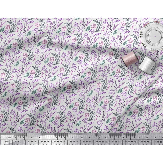 Soimoi Purple Rayon Fabric Leaves & Floral Hand Drawn Print Sewing Fabric Yard 42 Inch Wide