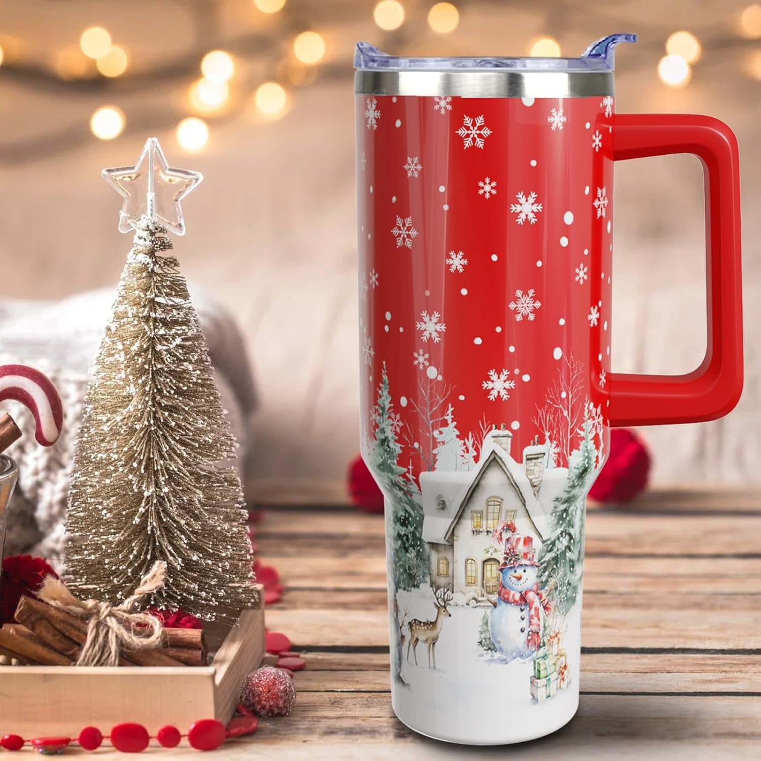 40oz Christmas Tumbler With Handle Lid and Straw, Stainless Steel Pink Xmas Snowman Insulated Coffee Cup, Christmas Gifts for Women/Mom/Daughter/Aunt/Girlfriend
