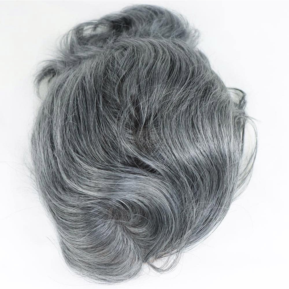 Hair System Mens Toupee Human Hair Replacement Wigs for Men Natural Hairline Fine Mono with PU Hairpiece 1B Off Black with 60% Synthetic Grey Hair 8x10 Inch