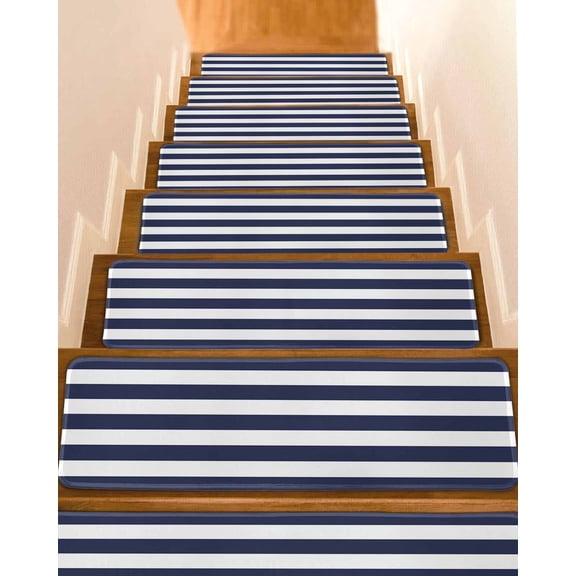 Blue Stripes Stair Treads for Wooden Steps Indoor Runner Rug Carpet, Simple Blue White Texture 7 Pieces Peel and Stick Staircase Step Treads Covers Washable Throw Door Mats, 30"x8"