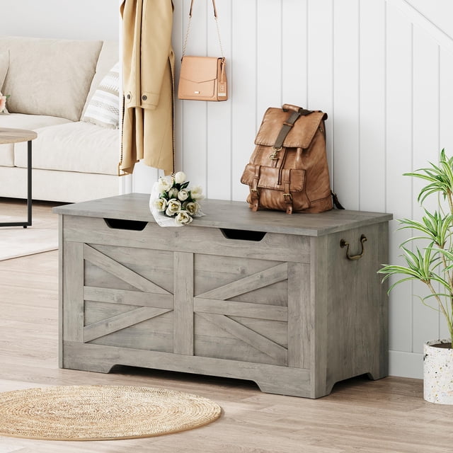 Kojooin Coffre de Rangement, Banc de Rangement avec Charnière de Sécurité, Coffre de Rangement en Bois, Coffre de Rangement à Couvercle Rabattable pour Couvertures, Banc de Rangement pour Entrée, Salon, Chambre