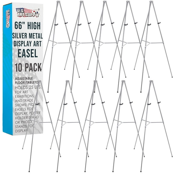 U.S. Art Supply 66" High Gallery Silver Aluminum Display Easel (Pack of 10) Adjustable Floor Tabletop Presentation Stand