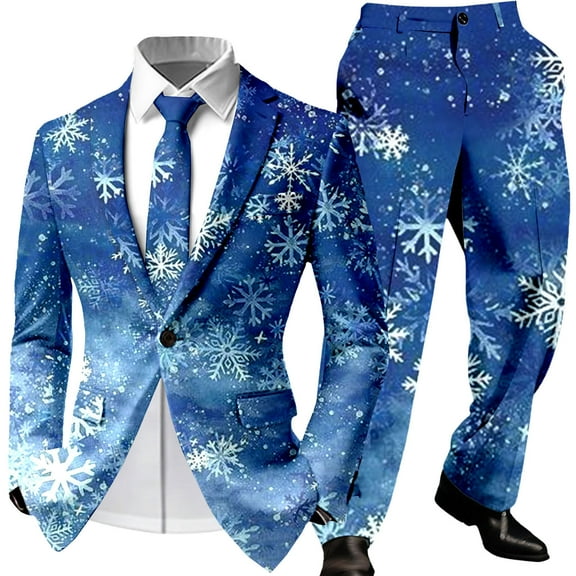 Mens Christmas Suit 2 Piece One Button Xmas Jacket Blazer with Pockets And Pant Set Funny Snowflake Slim Fit Winter Party Men's Suits
