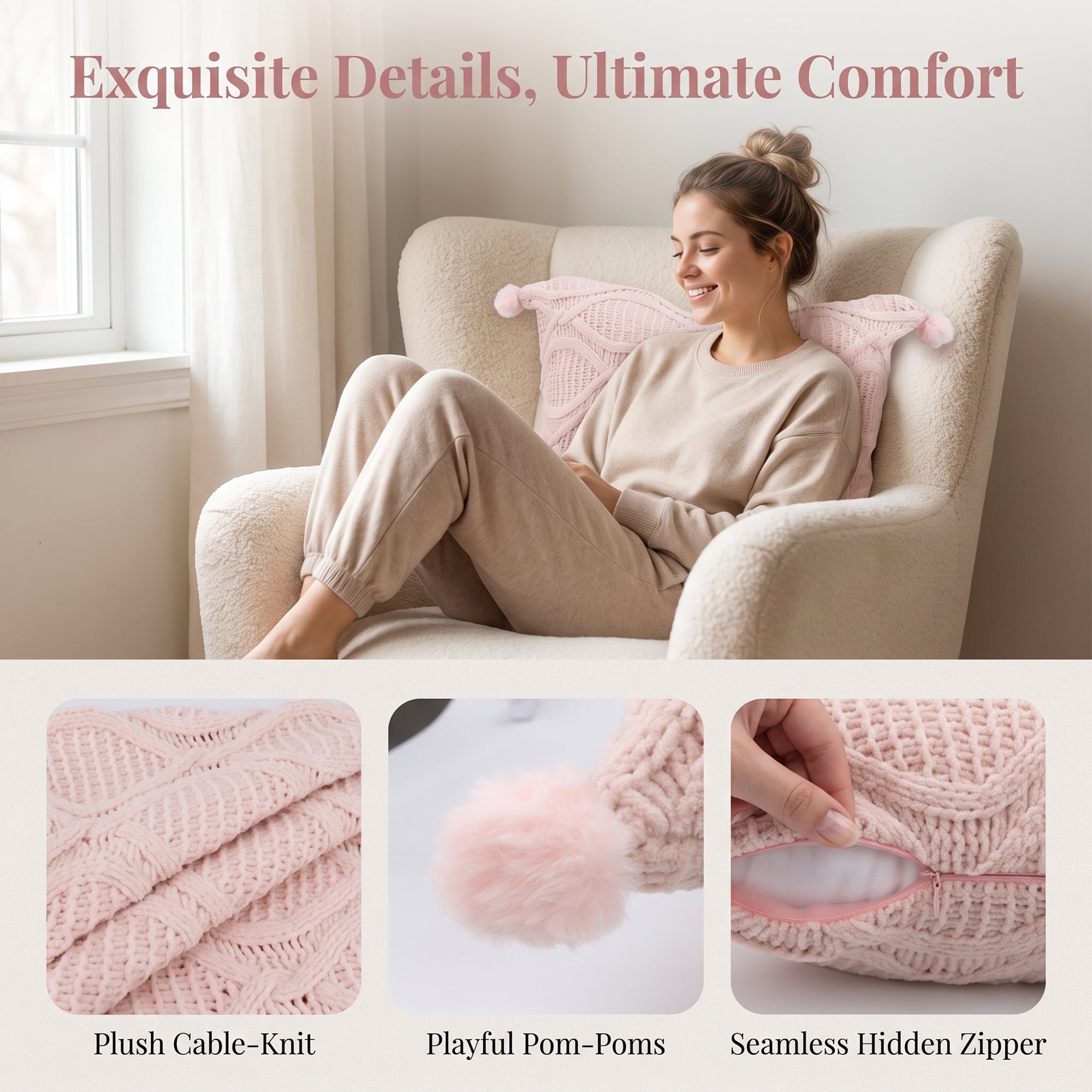 Unique Bargains Cable Knit Pillow Cover Solid Decorative Pompom Cushion Case Pink 18"x18"
