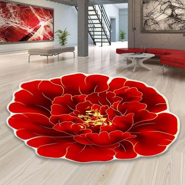 Floral Area Rugs Peony Flower Shape Area Rugs Non-Slip Rugs Floral Shaggy Carpet Bath Mat for Bedroom Living Room and Sofa, Red, 2.6'x2.6'