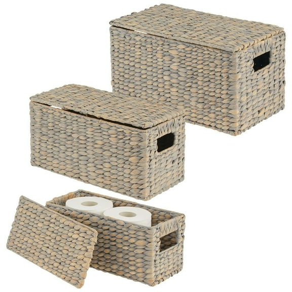 mDesign Woven Water Hyacinth Storage Basket with Lid/Handles, Set of 3 - Gray