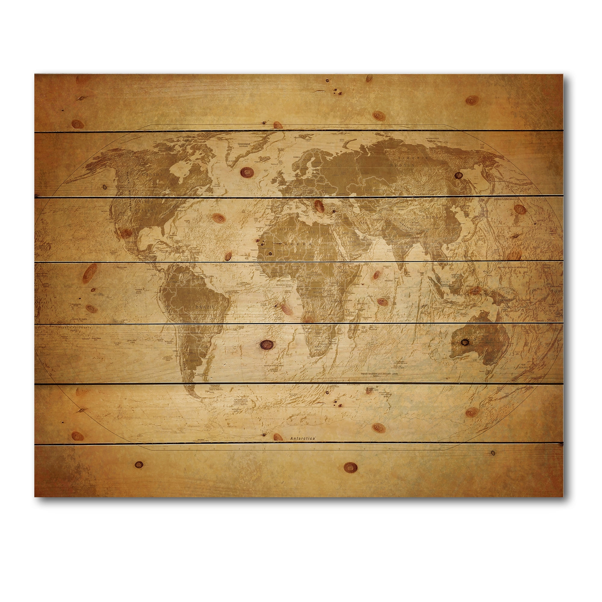 Designart 'Ancient World Map X' Vintage Print on Natural Pine Wood