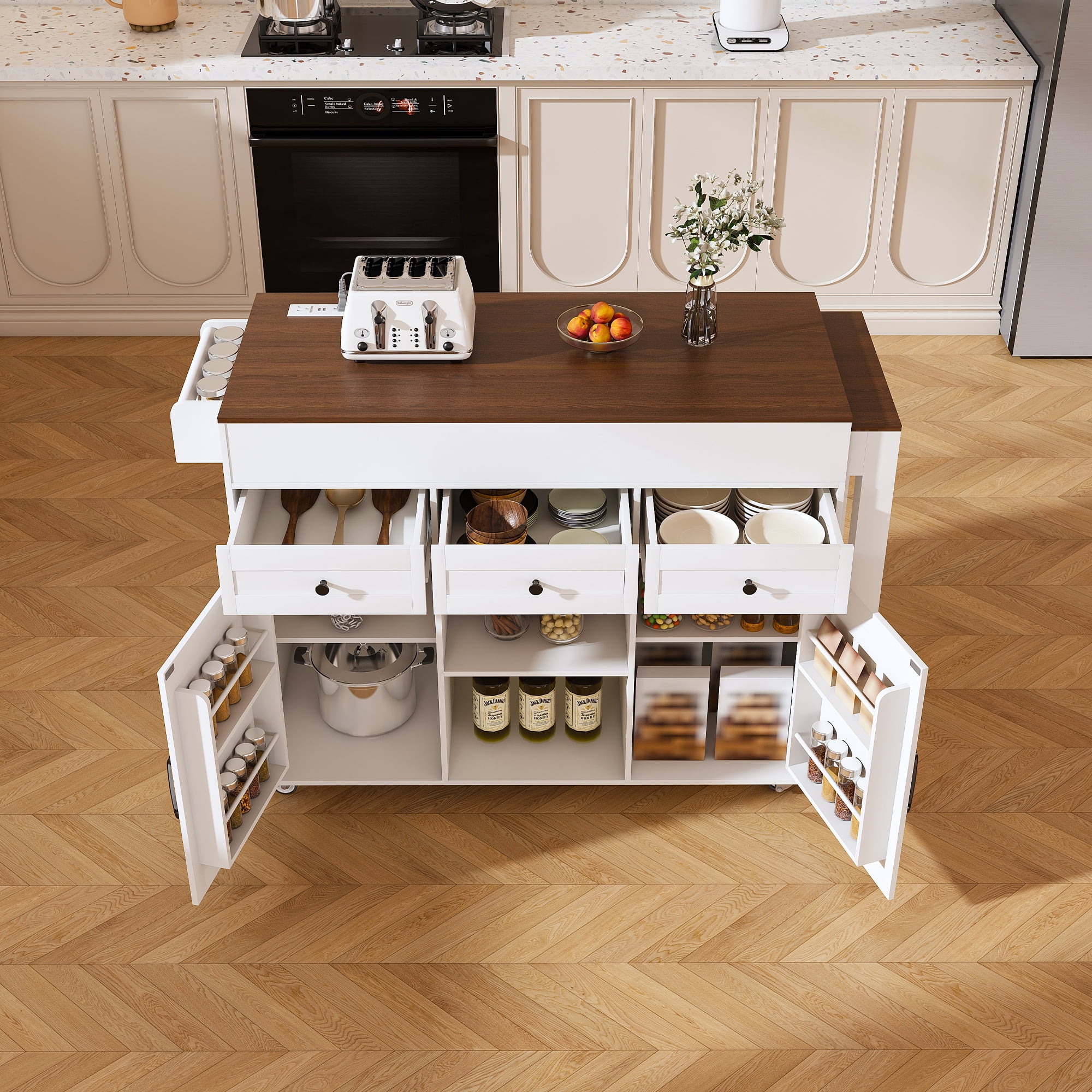 74.8" Kitchen Island with Extendable Dining Table & Power Outlet - Rolling Storage Cart on Wheels with 3 Drawers & 2 Door Cabinet for Dining Room, White