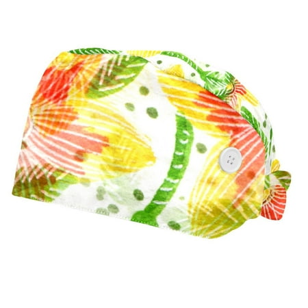 

2PCS Working Cap with Buttons and Sweatband Adjustable Tie Back Hats Bouffant Caps Spring Summer Scrub Turban Hat